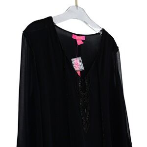 Catherine Malandrino Black Beaded Sheer Sleeve V-Neck Tunic Top Blouse XL NWT